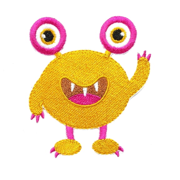 Cute Gold Monster Embroidered Iron On Patch 3.5" x 3.25"