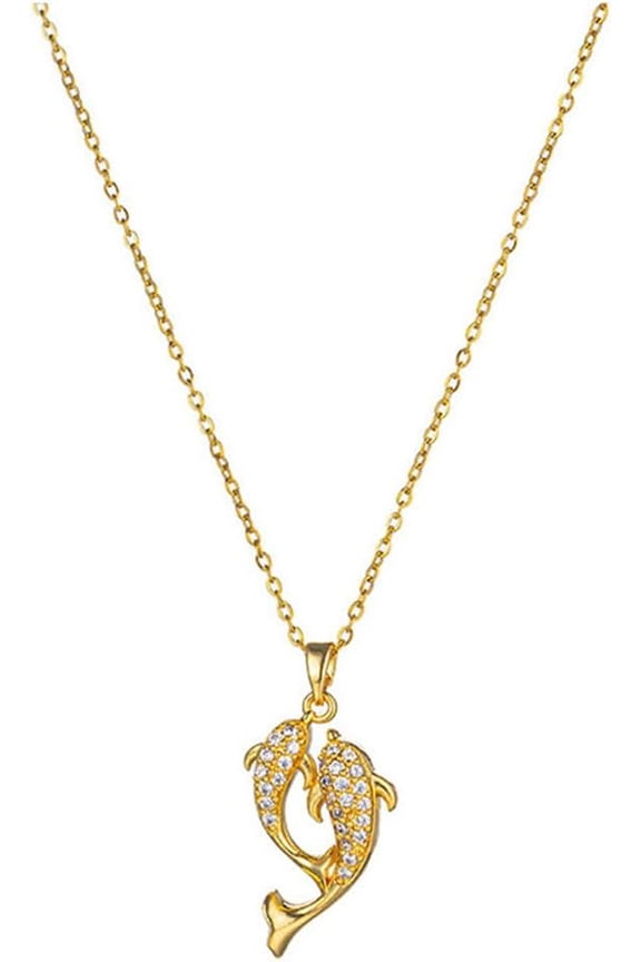 Cute Gold Plated Double Dolphins Pendant Necklace Pisces Double Fish Zodiac Sign Cubic Zirconia Elegant Whale Ocean Titanium Steel Collarbone Chain Charm Shark Necklace Gift for Women