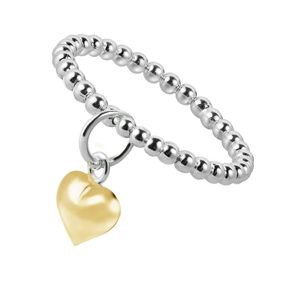 Cute Gold Vermeil Dangle Gold Heart Eternity Bead Ball Sterling Silver Ring for Female Adult Size-7