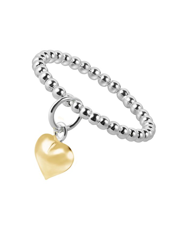 Cute Gold Vermeil Dangle Gold Heart Eternity Bead Ball Sterling Silver Ring for Female Adult Size-7