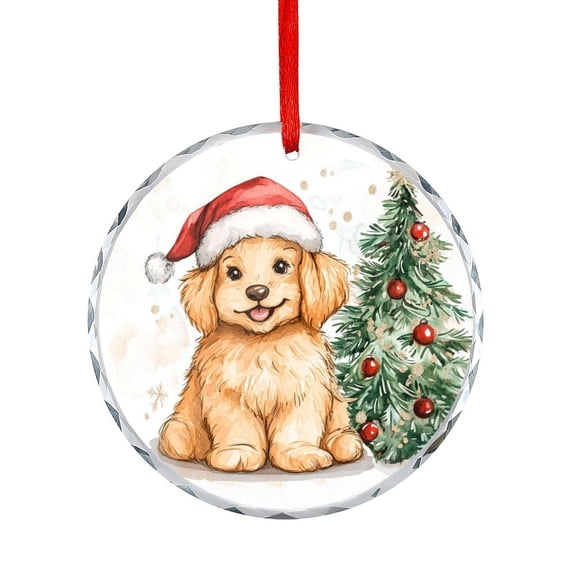Cute Golden Doodle Wearing A Santa Hat Christmas Ornament Winter Holiday Decor Round Ornament Xmas Decor Indoor Home Holiday Party Gifts