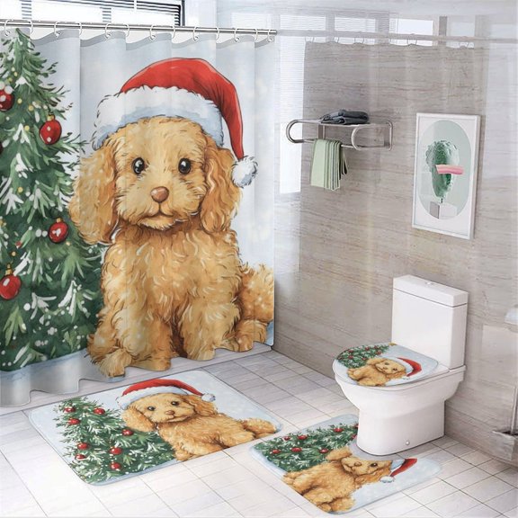 Cute Golden Doodle Wearing A Santa Hat Shower Curtain Sets with Rugs 4 Piece Bathroom Shower Curtain Set with Rugs Pine Tree Durable And Waterproof for Bathroom Decor