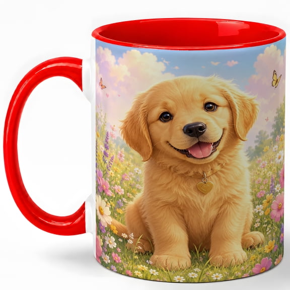 Cute Golden Puppy Coffee Mug, Spring Flower Meadow Dog Lover Design, 11 oz Ceramic Cup