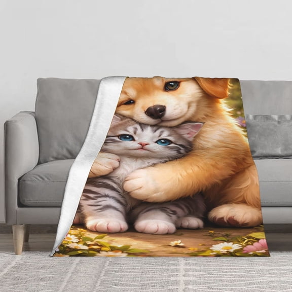 Cute Golden Puppy Hug Tabby Kitten Daisy Garden Flannel Throw Blanket, Reversible Sherpa Fleece Decor Blanket for Couch Bed Sofa, Cat Dog Pet Lover Warm Gift Blanket Multiple Sizes