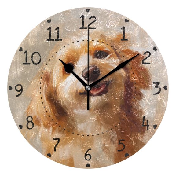 Cute Golden Retriever Dog Round Wall Clock Silent Analog Battery Operated Black Pointer Home Decor 9.84" Diameter