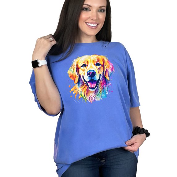 Cute Golden Retriever Watercolor Art, Colorful Dog Lover Shirt, Rainbow Pet Portrait Tee, Animal Lover Gift, Artistic Dog Print Top, Flo Blue Comfort Colors T-Shirt, 3XL