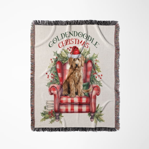 Cute Goldendoodle Dog On A Holiday Chair Is Ready For Christmas, Woven Blanket