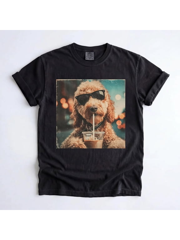 Cute Goldendoodle Drinking Iced Coffee T-Shirt, Funny Dog Lover Shirt, Coffee Lover Gift for Pet Owners