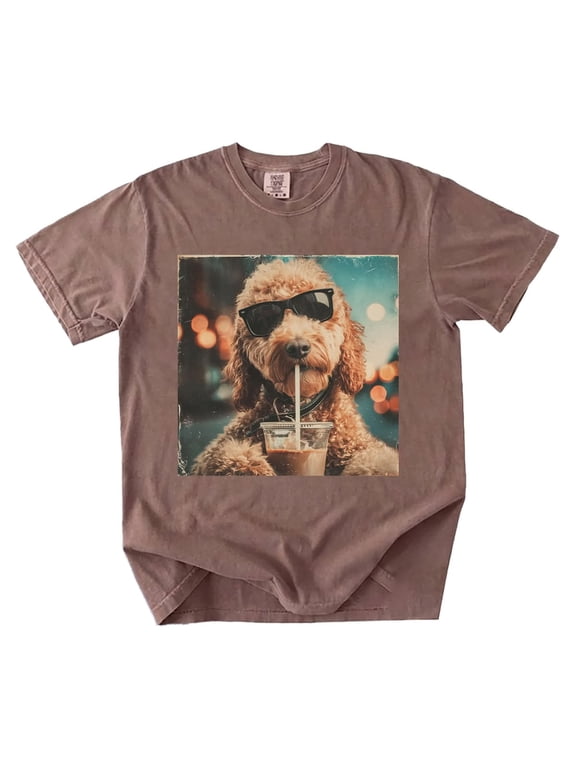 Cute Goldendoodle Drinking Iced Coffee T-Shirt, Funny Dog Lover Shirt, Coffee Lover Gift for Pet Owners