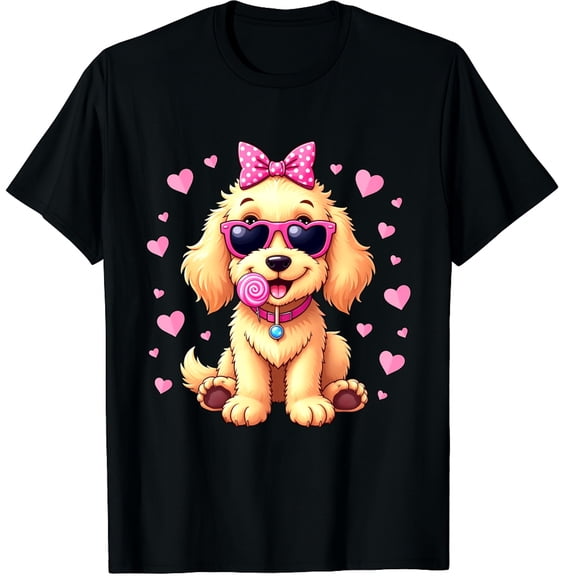 Cute Goldendoodle Wearing Glasses Heart Puppy Valentines Bow Graphic Crew Neck Short Sleeve T-Shirts (Men's, Women's)