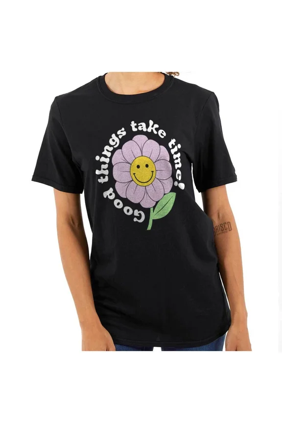 Cute Good Things Take Time Happy Face Flower Crewneck Unisex T-Shirt, up to Size 5XL