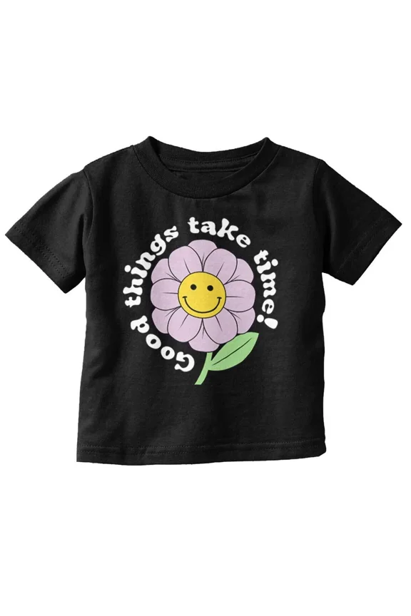 Cute Good Things Take Time Happy Face Flower Graphic Design Unisex T-Shirt, up to Size 5XL