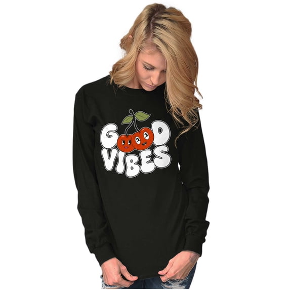 Cute Good Vibes Kawaii Cherries Women Plus Size Long Sleeve Graphic Tee Brisco Brands 3X