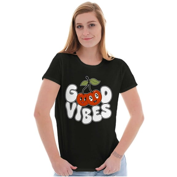 Cute Good Vibes Kawaii Cherries Womens Slim Fit Graphic Tee Brisco Brands S