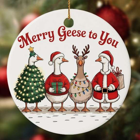 Cute Goose Family Ornaments, Merry Geese to You Ceramic Ornament for Christmas Tree Hanging Decorations Gift, Farmhouse Decor, Gifts for Farmer, Holiday Party Present