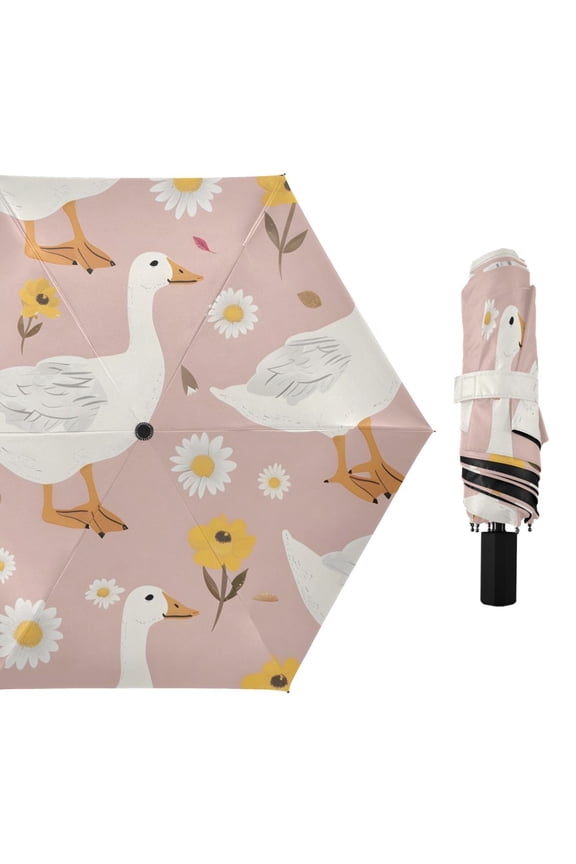 Cute Goose Flowers All Weather Umbrella Triple Folding Parasol 6 Ribs UV Protection Portable