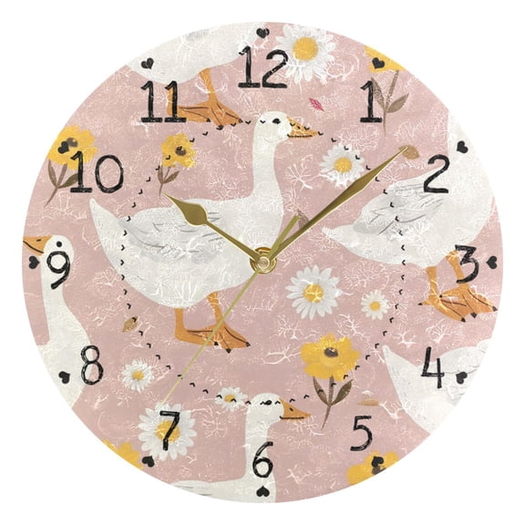 Cute Goose Flowers Round Wall Clock Silent Analog Battery Operated Gold Pointer Home Decor 9.84" Diameter