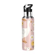 Cute Goose Flowers Sports Bottle with Straw Stainless Steel Water Jug Portable Thermal Cup Leak-proof 1000ML