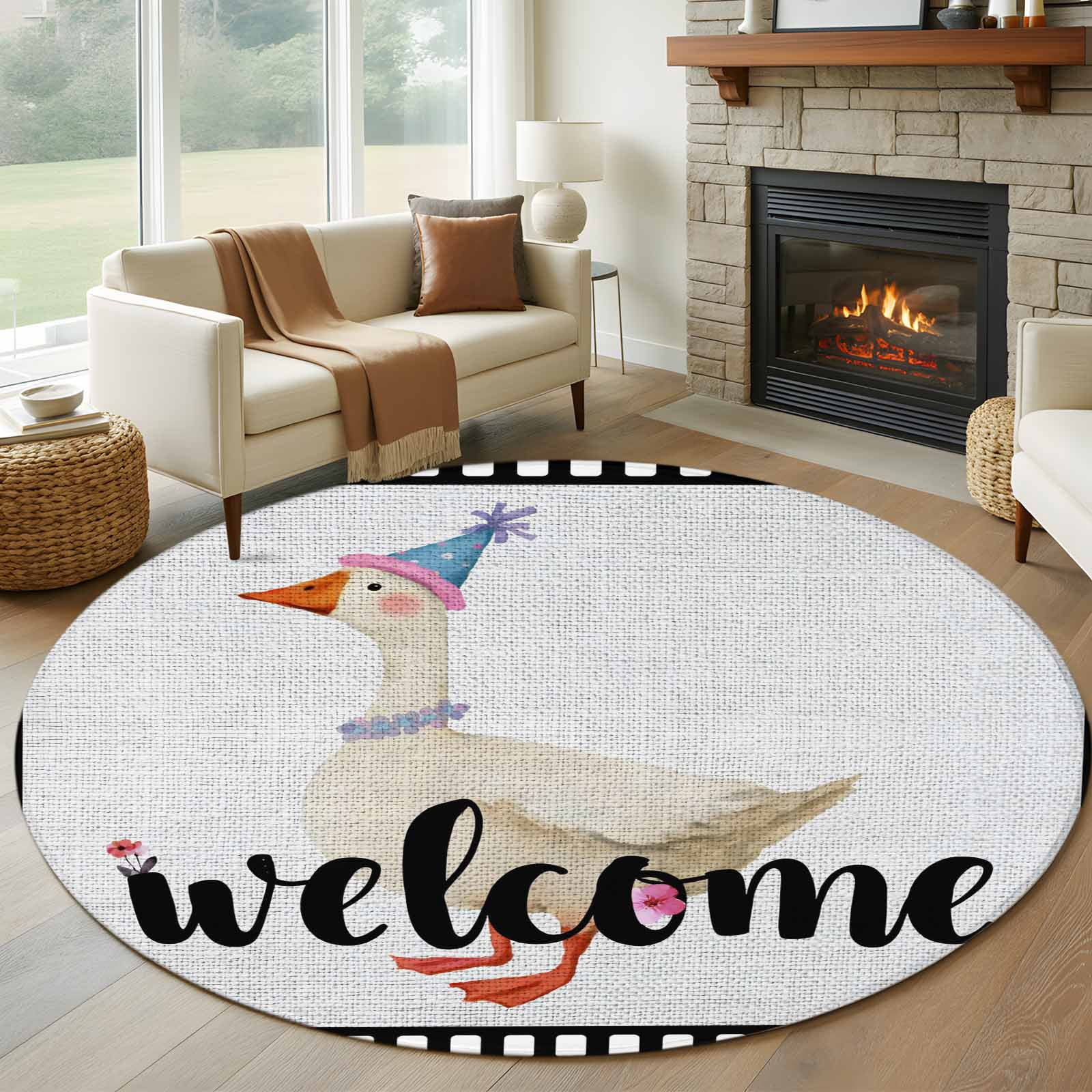 Greetings Rug Cute Goose Round Living Room Rugs 5 ft, Welcome Words Animal Flower ...