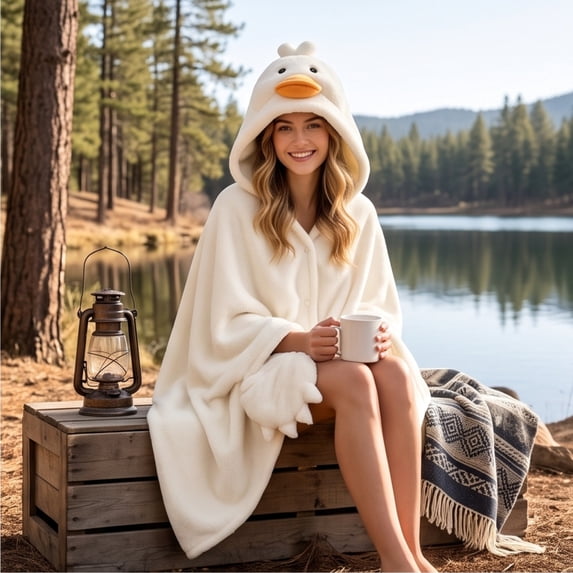 Cute Goose Wearable Fleece Blanket Hoodie Cape with Face Detail and Closures for Women Comfortable Wear at Home