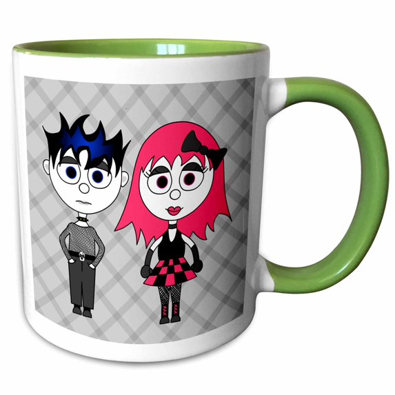 3drose, Cute Goth Punk Rock Girl and Boy, 11oz Two-tone Green Mug