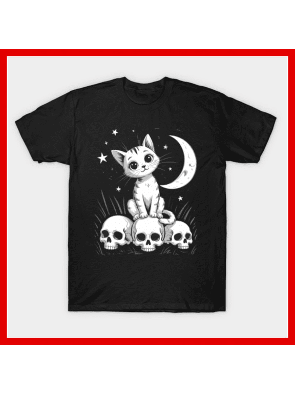Cute Gothic Cat Sitting on Skulls Moon Stars T-Shirt Kawaii Spooky Halloween Cat Lover Gift H158, for Unisex, Up to Size 5XL