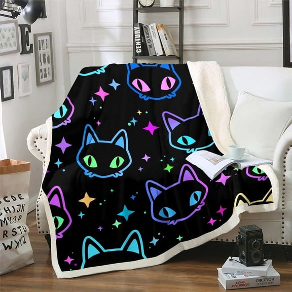 Cute Gradient Cat Blanket for Boys Girls Kawaii Cats Throw Blanket for Couch Colorful Trippy Stars Travel Blanket Throw Size Glowing Kitten Fleece Blanket Cartoon Style Sherpa Blanket for Kids, Black