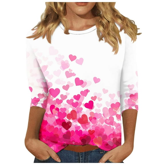 Cute Gradient Heart Tshirts for Womens Valentines Crewneck 3/4 Sleeve Tops Trendy Holiday Basic Tee