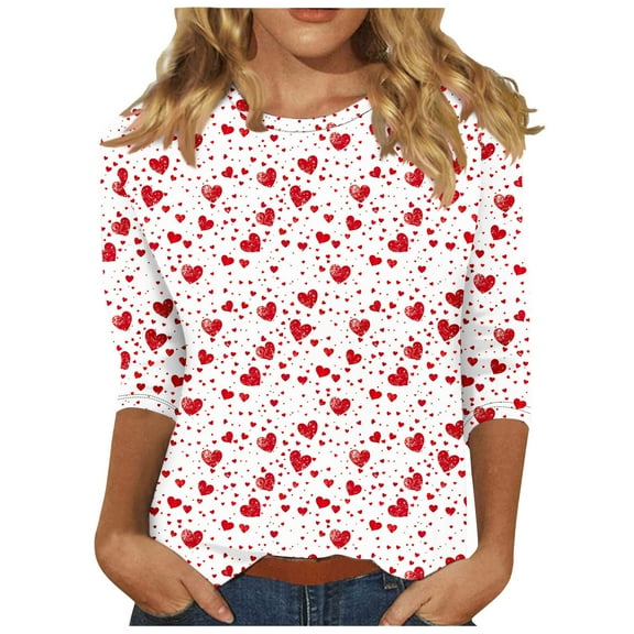 Cute Gradient Heart Tshirts for Womens Valentines Crewneck 3/4 Sleeve Tops Trendy Holiday Basic Tee