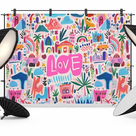Cute Graffiti Backdrop for Photography, LOVE Car House Abstract Modern Photo Backdrop Portrait Background Party Banner Photo Backgrounds for Studio Booth Props, 10x8ft