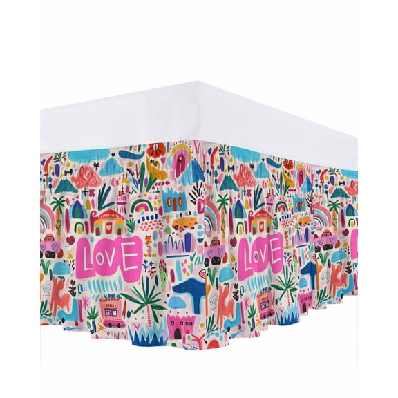 Cute Graffiti Bed Skirt LOVE Car House Abstract Modern Bed Skirts Queen Size 18 Inch Drop, Wrap Around Dust Ruffle Bedskirt with Adjustable Elastic Belt for Queen Size Beds