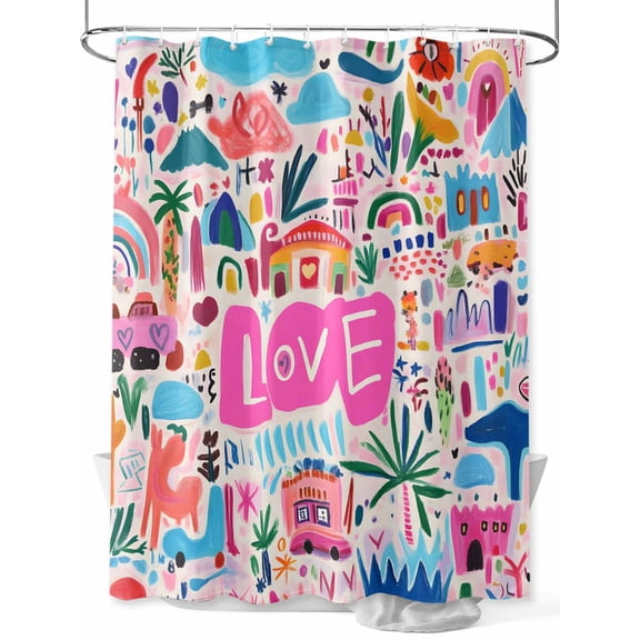 Cute Graffiti Shower Curtain, LOVE Car House Abstract Modern Waterproof Shower Curtain Set with 12 Hooks Lightweight Washable Fabric Shower Curtains for Bathroom 60x72 Inches