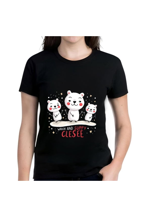 Cute Graphic Cotton Short Sleeve T-Shirt - Three Adorable Bears with Red Cheeks Playful Text Design Stars & Sparkles