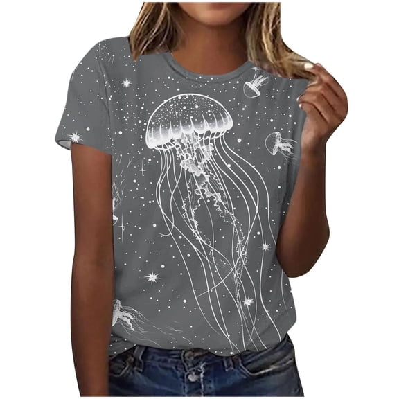 Cute Graphic Shirt For Women Whale Print Short Sleeve T-Shirts Crewneck Pullover Tops Casual Trendy Tunic Blouses Holiday Going Out Clothing