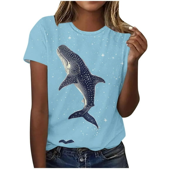 Cute Graphic Shirt For Women Whale Print Short Sleeve T-Shirts Crewneck Pullover Tops Casual Trendy Tunic Blouses Holiday Going Out Clothing