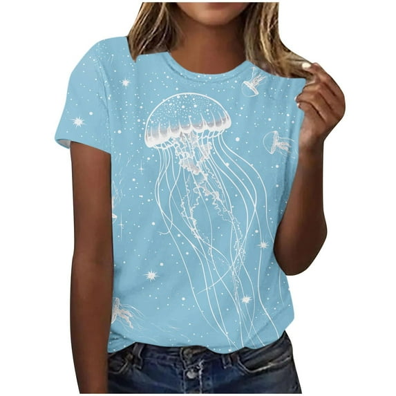 Cute Graphic Shirt For Women Whale Print Short Sleeve T-Shirts Crewneck Pullover Tops Casual Trendy Tunic Blouses Holiday Going Out Clothing