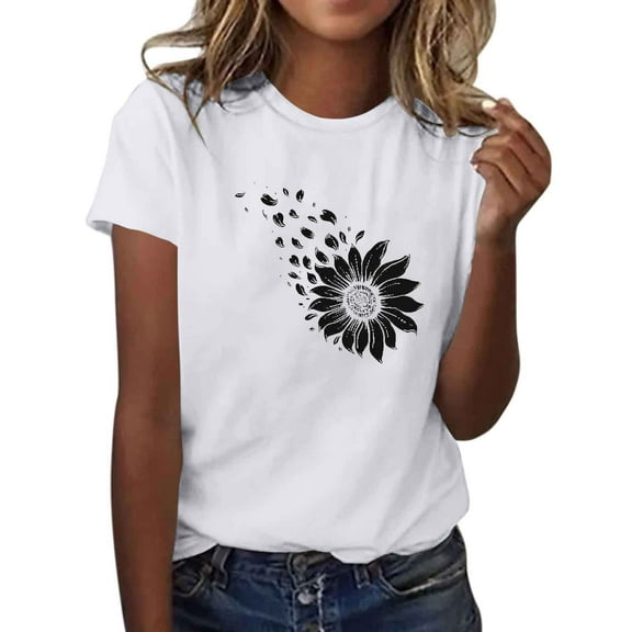 Cute Graphic T Shirt Women Sunflower Pattern Graphic T-Shirts Cute Short Sleeve Tees Casual Clothes New, 26-White, XL