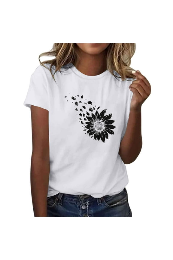 Cute Graphic T Shirt Women Sunflower Pattern Graphic T-Shirts Cute Short Sleeve Tees Casual Clothes New, 26-White, XXL