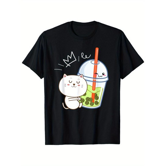 Cute Graphic Tee Black Kitten Cat Bubble Boba Milk Pattern Tops Cute Anime Round Neck Casual Gift S-5XL