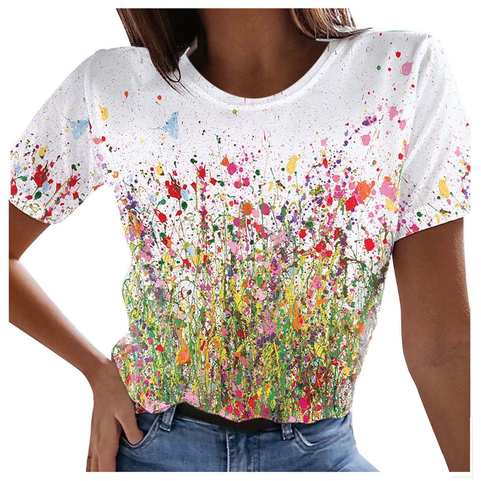 Cute Graphic Tee Shirts for Womens Summer Floral Flower Tops Short ...