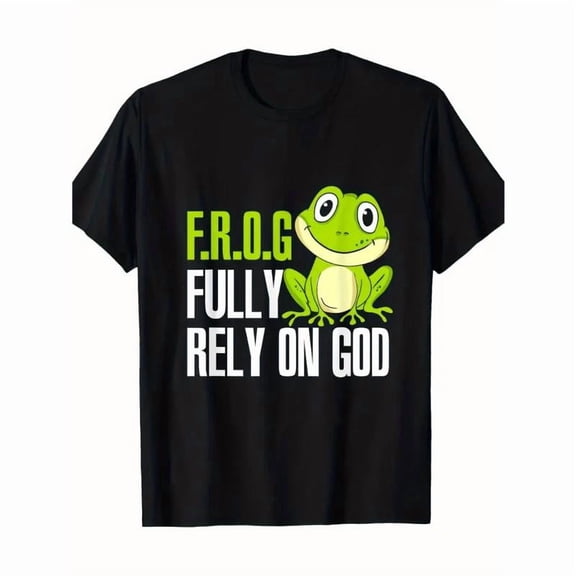 Cute Graphic Tee,Tops Has"Frog Fully Rely On God"Text With Green Frog Design,Round Neck Regular Fit T-shirts, Size(S-5XL)