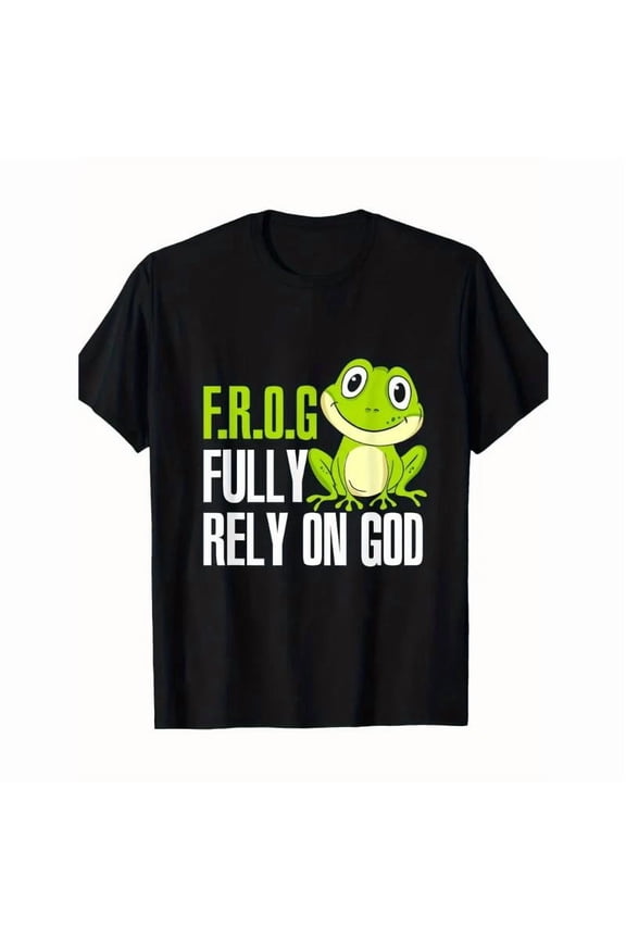Cute Graphic Tee,Tops Has"Frog Fully Rely On God"Text With Green Frog Design,Round Neck Regular Fit T-shirts, Size(S-5XL)