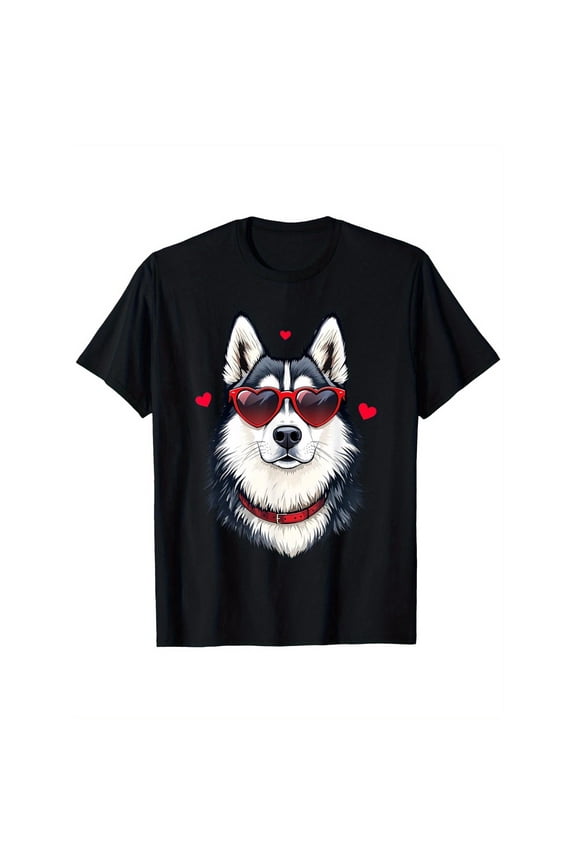 Cute Graphic Tee,Tops Has Husky Dog With Heart Glasses Pattern,Round Neck Regular Fit T-shirts, Size(S-5XL)