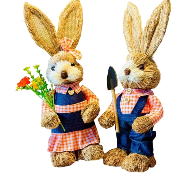 Cute Grass Woven Rabbit Figurines, Handmade Desktop Decorative Ornaments for Home Office and Living Room, 35cm Tall Pair