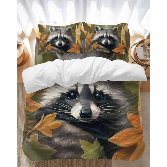 Cute Gray Bedding Duvet Cover Set Full Size 4 Pieces Big Eyed Raccoon Soft Twill Plush Quilt Cover, Include 1 Duvet Cover 1 Flat Sheet And 2 Pillow