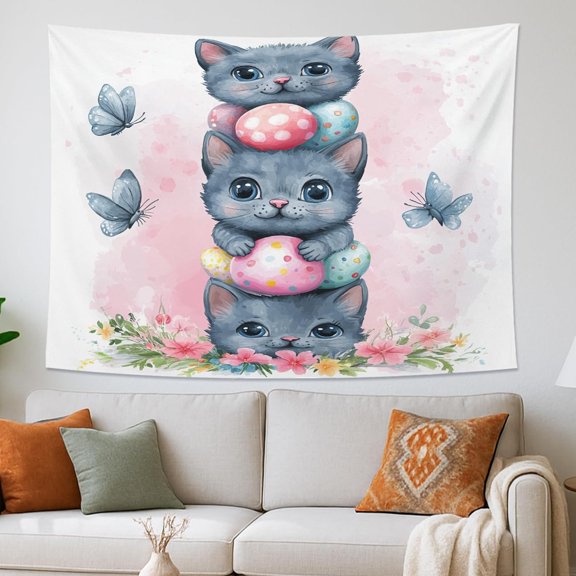Cute Gray Kittens Tapestry, Spring Floral Butterflies Wall Hanging, Fanciful Decor for Living Room, Bedroom, Dorm 60x40 Inch