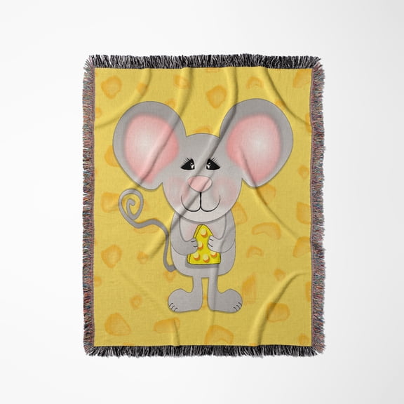 Cute Gray Mouse Holding Cheese On Cheese Background Animal Cartoon, Woven Blanket