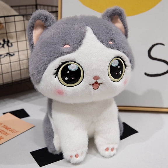 Cute Gray & White Big Eye Cat Plush Toy, Soft Kawaii Kitty Stuffed Animal, Adorable Gift for Kids/Adults