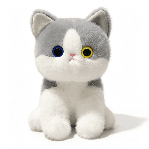 Cute Gray White Cat Stuffed Animal, 9.8 '' Cartoon Blue Yellow Big Eyed Kitten Plush Doll, Fun Hug Plushies Gift for Home Decor