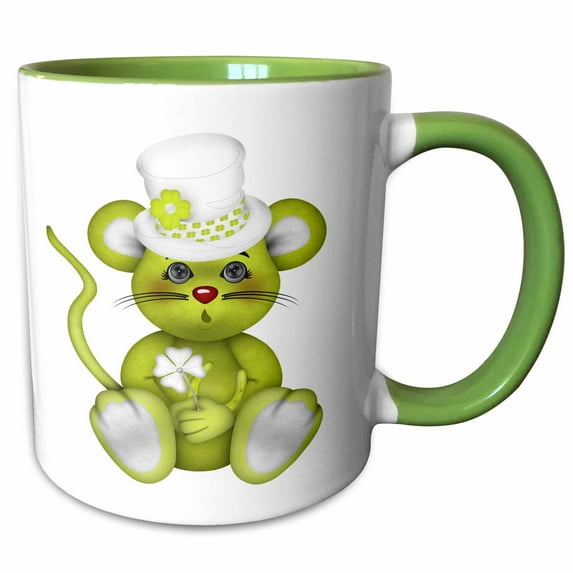 3drose, Cute Green and White St Patricks Day Mouse Illustration, 11oz Two-tone Green Mug